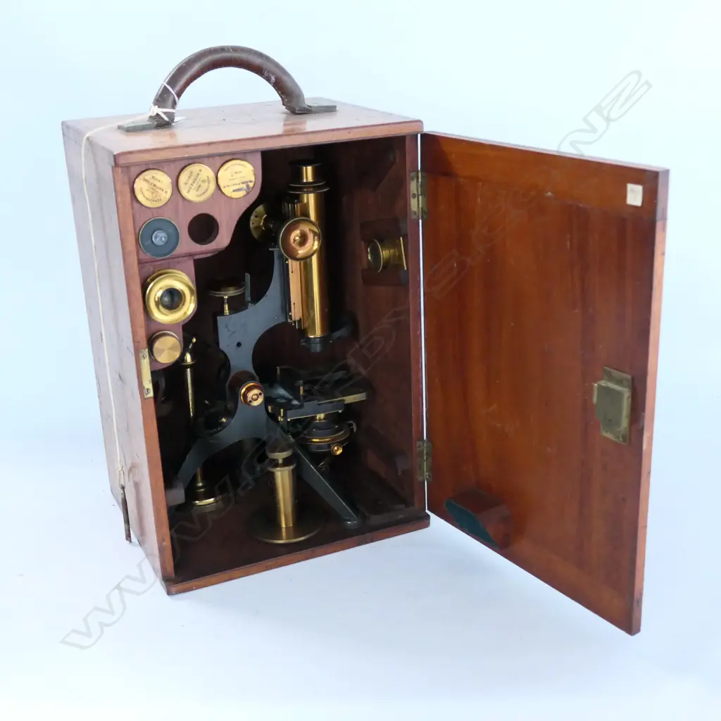 W.WATSON & SONS 313 HIGH HOLBORN, LONDON No.4771, MONOCULAR COMPOUND MICROSCOPE w  CONDENSER & IRIS DIAPHRAGM. MAHOG BOX Image 1++